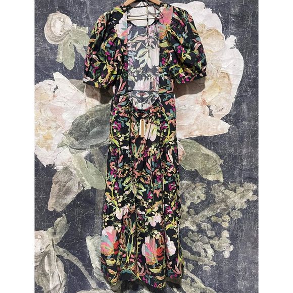 New Anthropologie x Condition Apply Floral Tiered  Maxi Dress Puff Sleeves Sz L - Picture 6 of 8